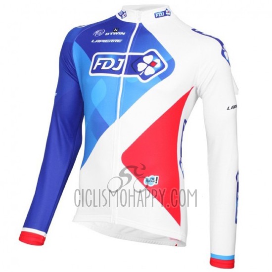 FDJ Cycling Jersey Bib Tight 2016 Long Sleeve White and Blue